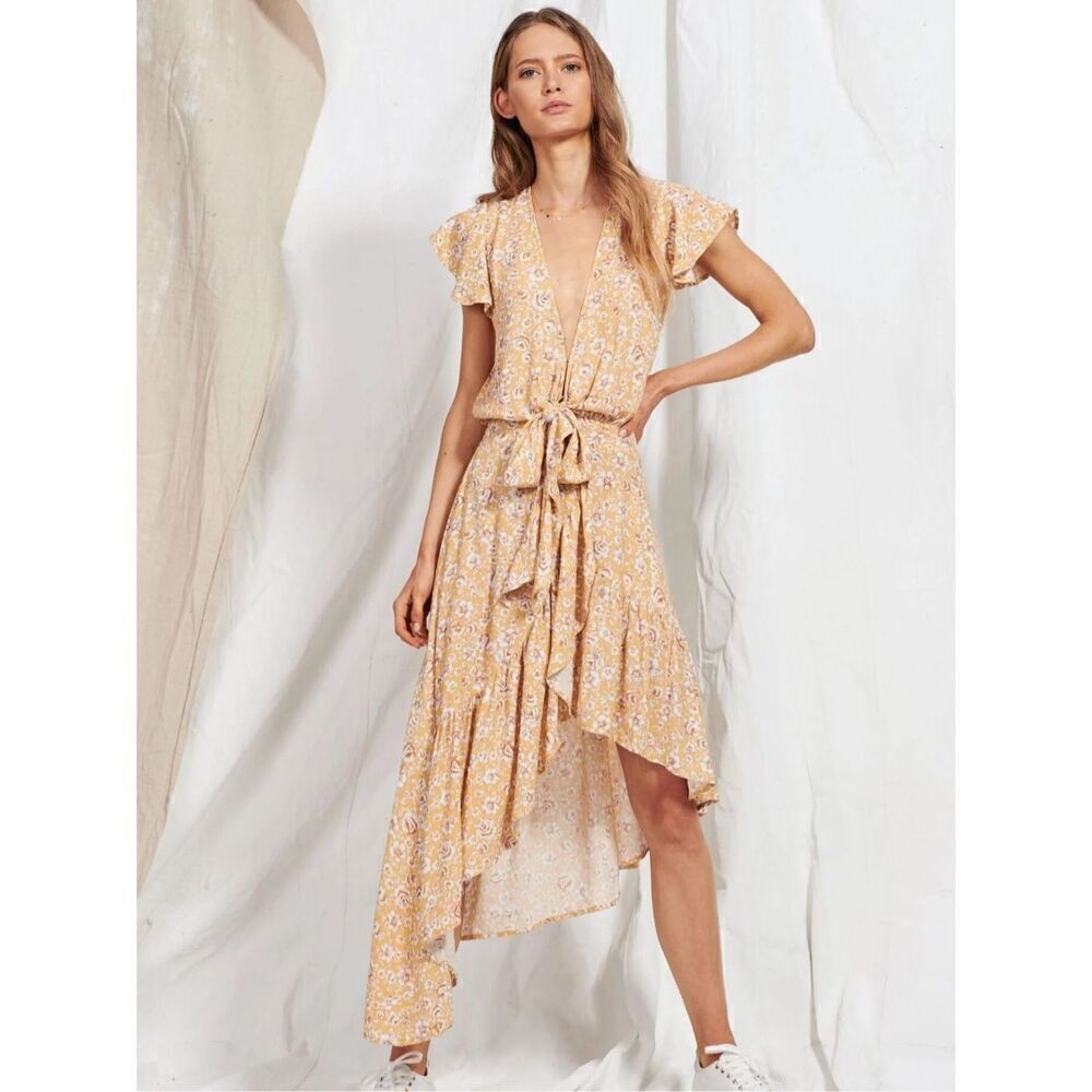 Kivari Freya Tie Up Midi Floral Dress Size  Small Boho Cottage Core $148.00